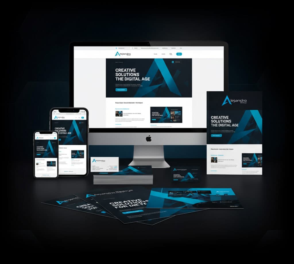 Visual composition showcasing responsive website design and marketing flyers for a unified brand identity.