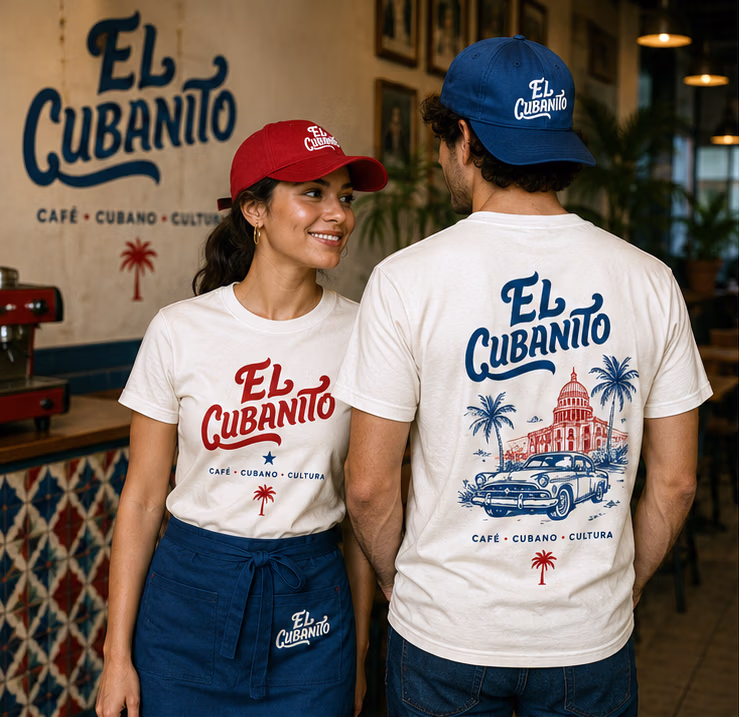 El Cubanito brand identity case study showing custom restaurant staff apparel including graphic t-shirts, embroidered baseball caps, and branded aprons