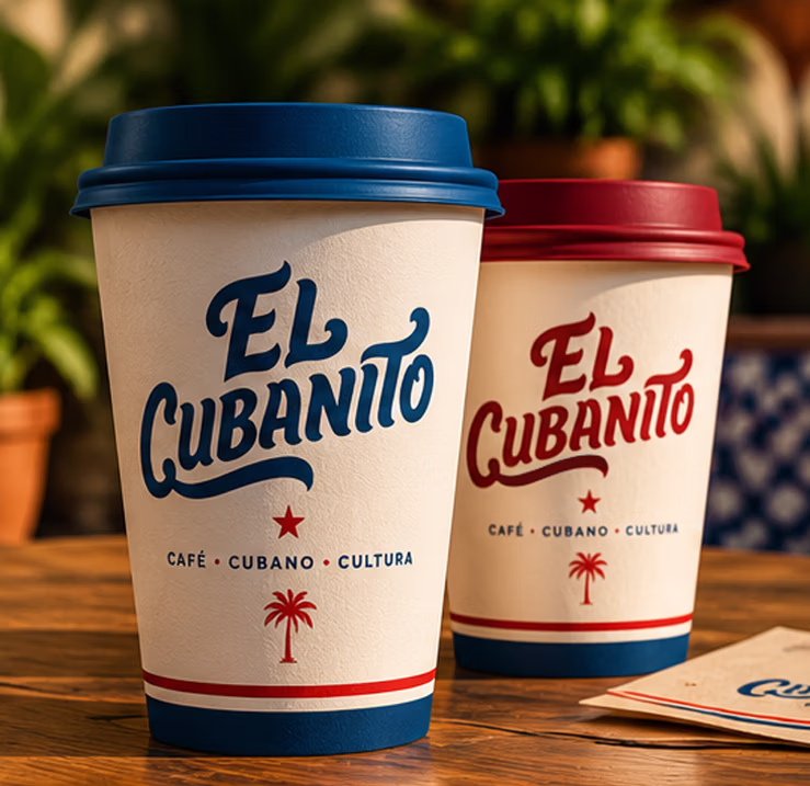 El Cubanito brand identity case study featuring custom takeaway coffee cup packaging design with red and blue colorways and palm tree emblem