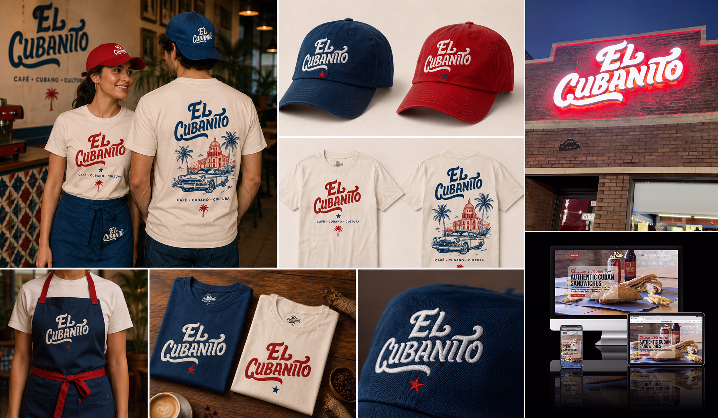 El Cubanito brand identity and web design case study hero showcase featuring custom apparel, embroidered caps, illuminated building signage, and responsive website mockups