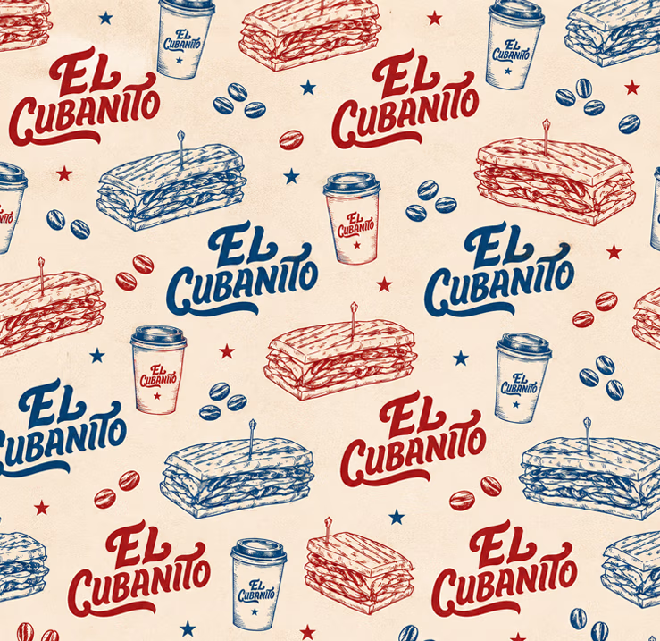 Custom repeating pattern design for El Cubanito sandwich wrap paper featuring illustrated Cuban sandwiches, coffee cups, coffee beans, and retro typography in red and blue