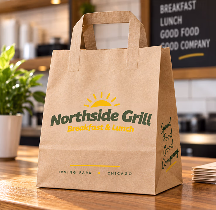 Northside Grill branded takeout bag featuring the new green and yellow restaurant identity