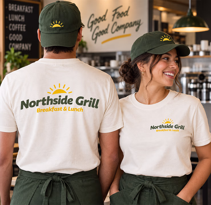 Northside Grill staff uniforms featuring branded T-shirts, aprons, and green hats