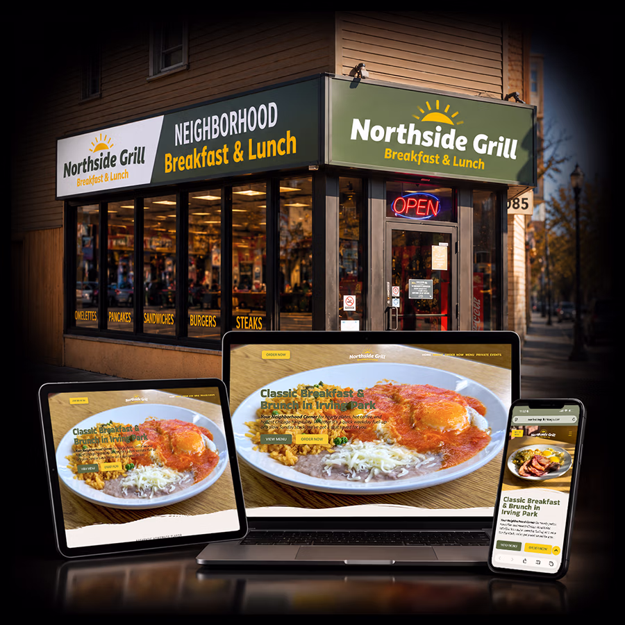 Northside Grill Chicago brand transformation showing the redesigned storefront and responsive restaurant website.