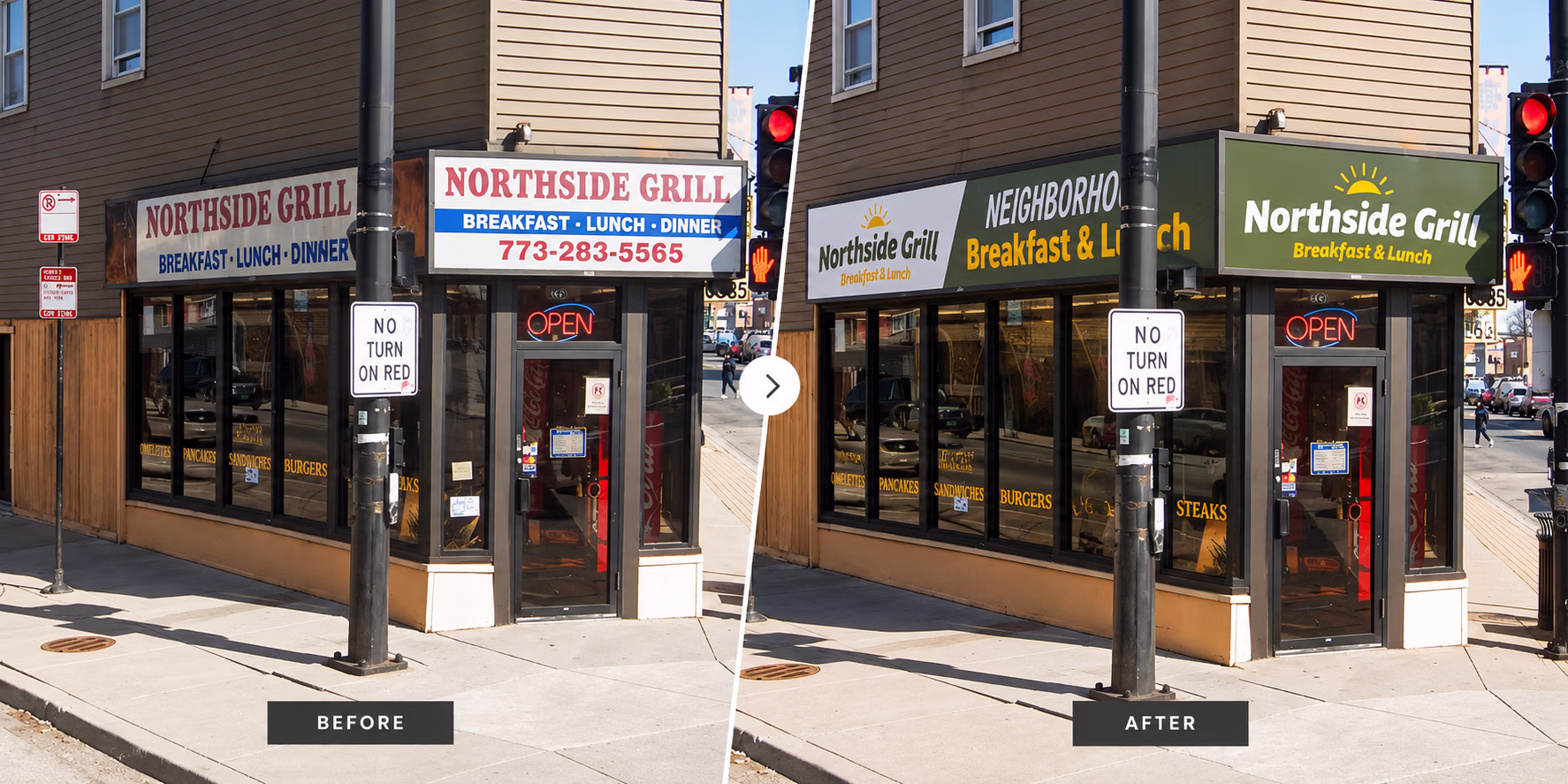 Northside Grill Chicago storefront before and after the proposed signage redesign featuring the new restaurant branding.