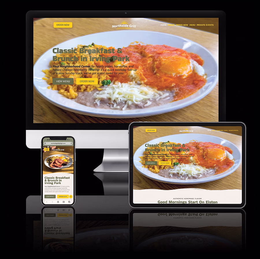 Responsive web design for Northside Grill Chicago displayed live across desktop, tablet, and mobile screens.