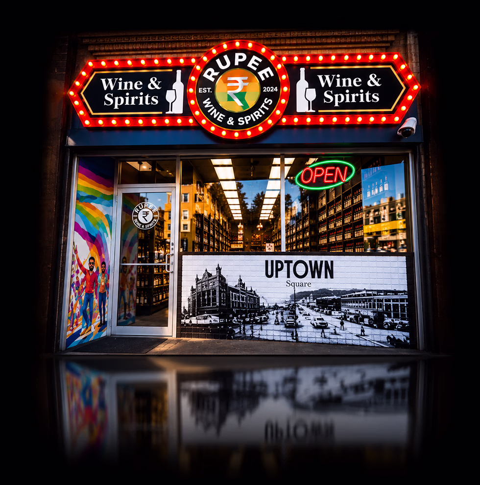 Rupee Wine & Spirits brand identity, custom illuminated storefront signage and graphic design in Chicago’s Uptown neighborhood.