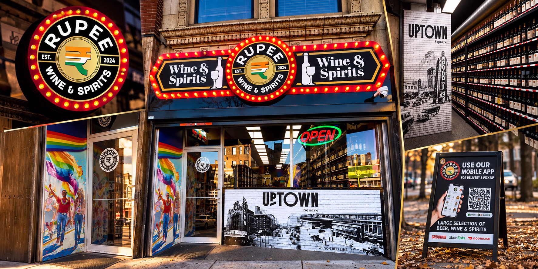 Rupee Wine & Spirits branding and storefront signage in Chicago’s Uptown neighborhood, featuring the illuminated marquee sign and environmental graphics.