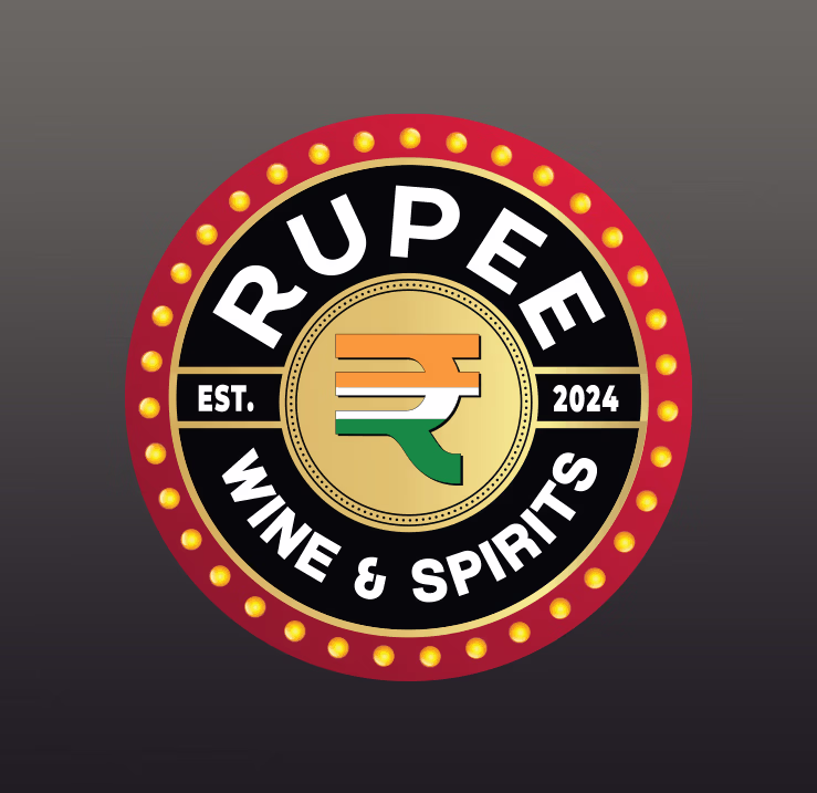 Rupee Wine & Spirits circular logo featuring the Indian rupee symbol and vintage marquee-inspired design.