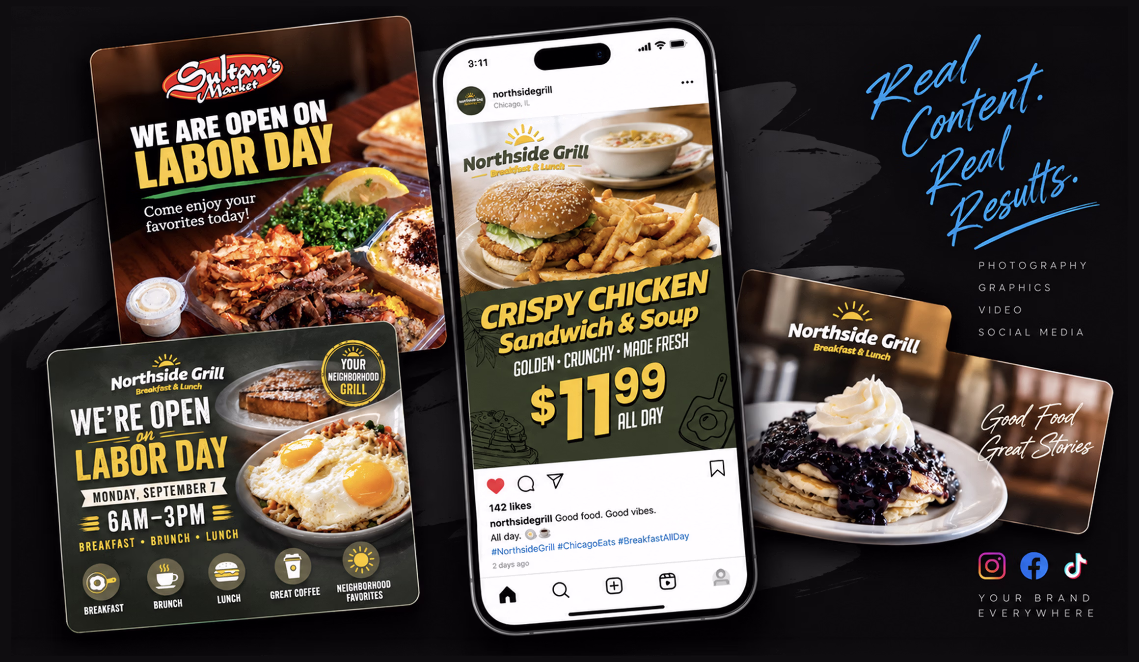 Social media content and branded graphics created for Chicago businesses by Alejandro Bedoya