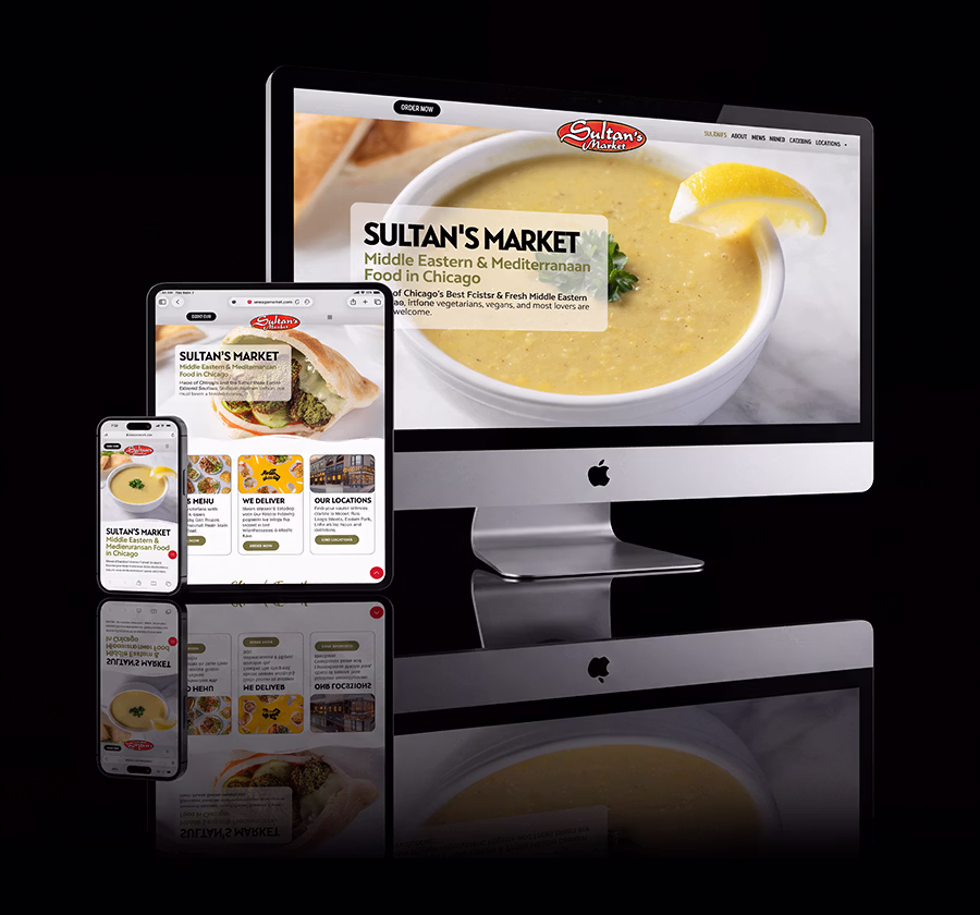 Responsive web design for Sultan's Market Chicago displayed live across desktop, tablet, and mobile screens.