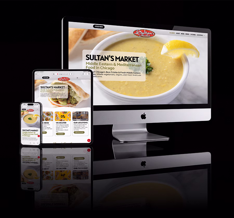 Responsive web design for Sultan's Market Chicago displayed live across desktop, tablet, and mobile screens.