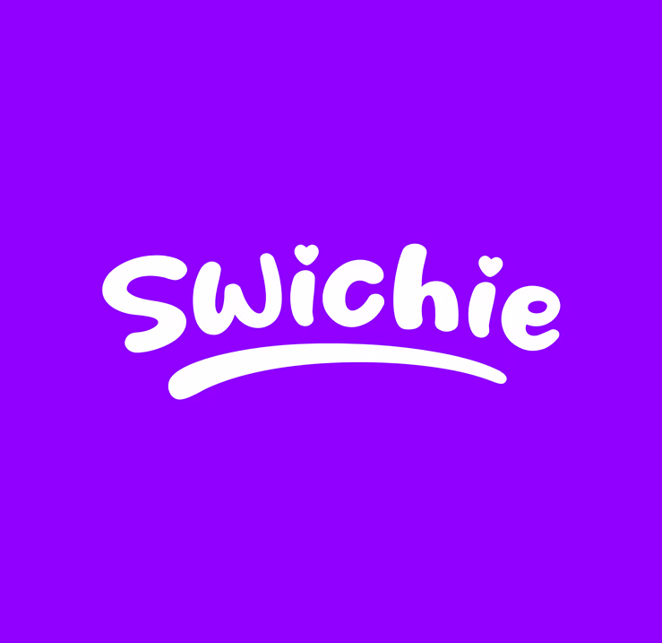 Swichie Desserts Custom white wordmark logo with heart details on a violet background.