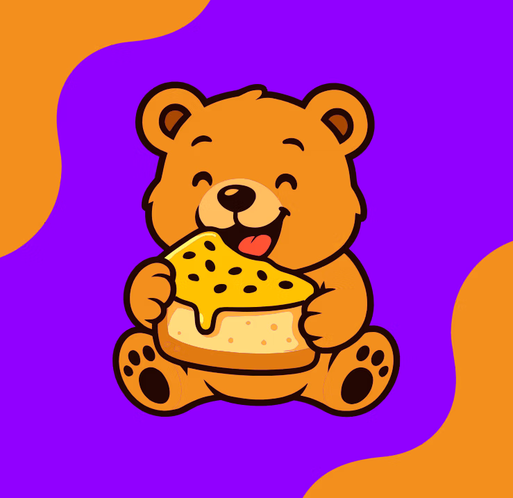 Swichie Desserts custom bear mascot holding a passion fruit dessert against the violet and orange brand pattern.