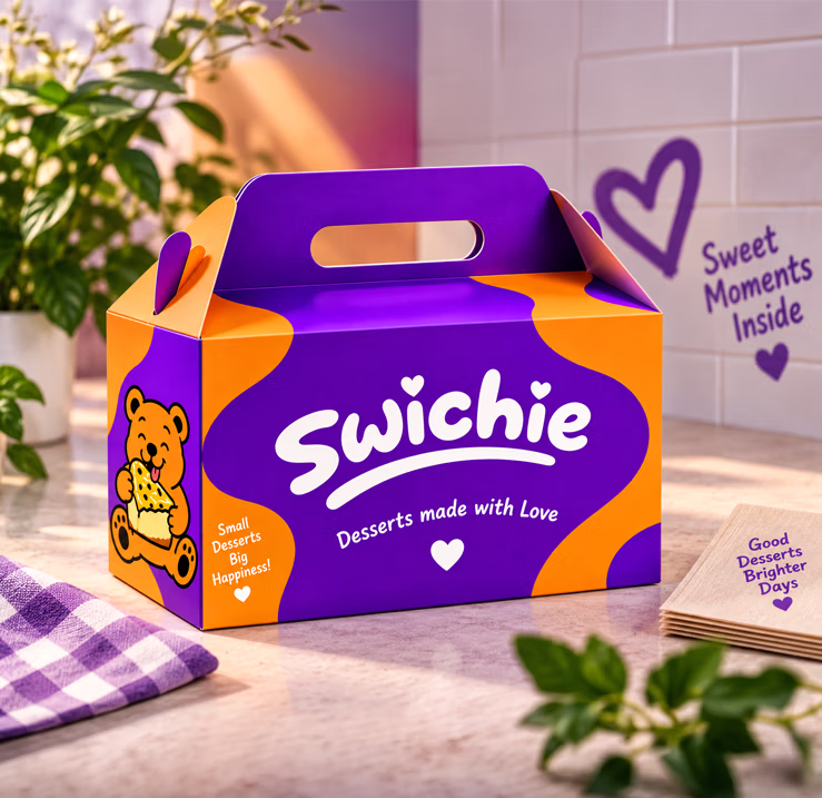 Swichie Desserts branded packaging featuring the violet and orange identity, custom wordmark and bear mascot.