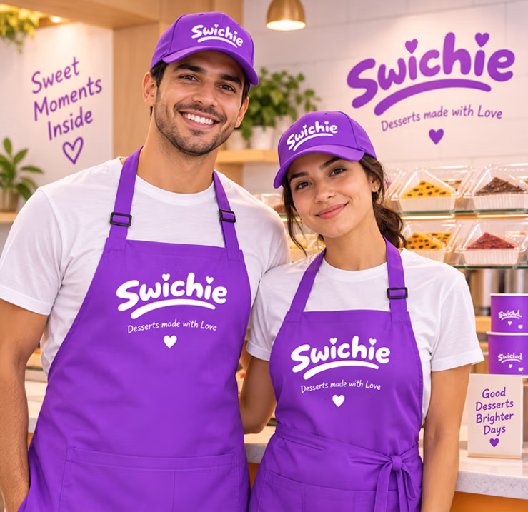 Swichie Desserts branded aprons and hats featuring the custom logo